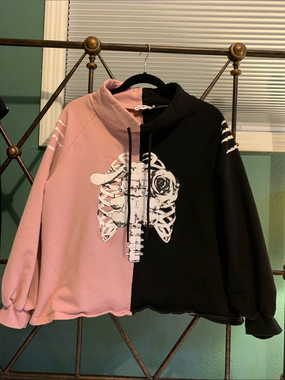 Half-and-Half Pink & Black Ribcage Graphic Pullover Hoodie